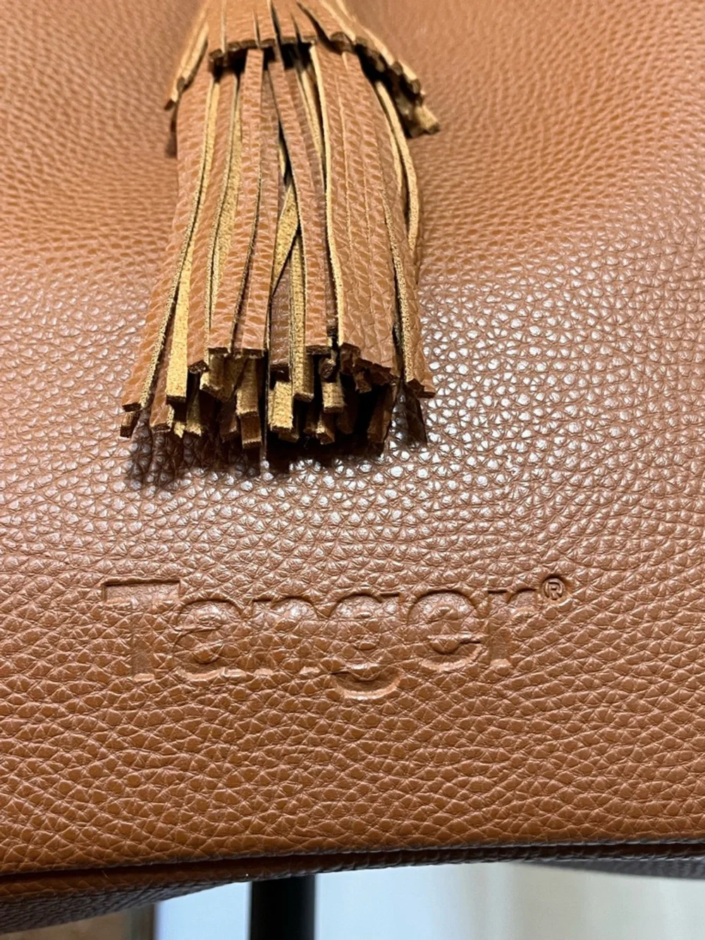 Tanger Brown Pebbled Faux Leather Tote Large Tassel Shoulder Bag 15” NWOT - Picture 3 of 8